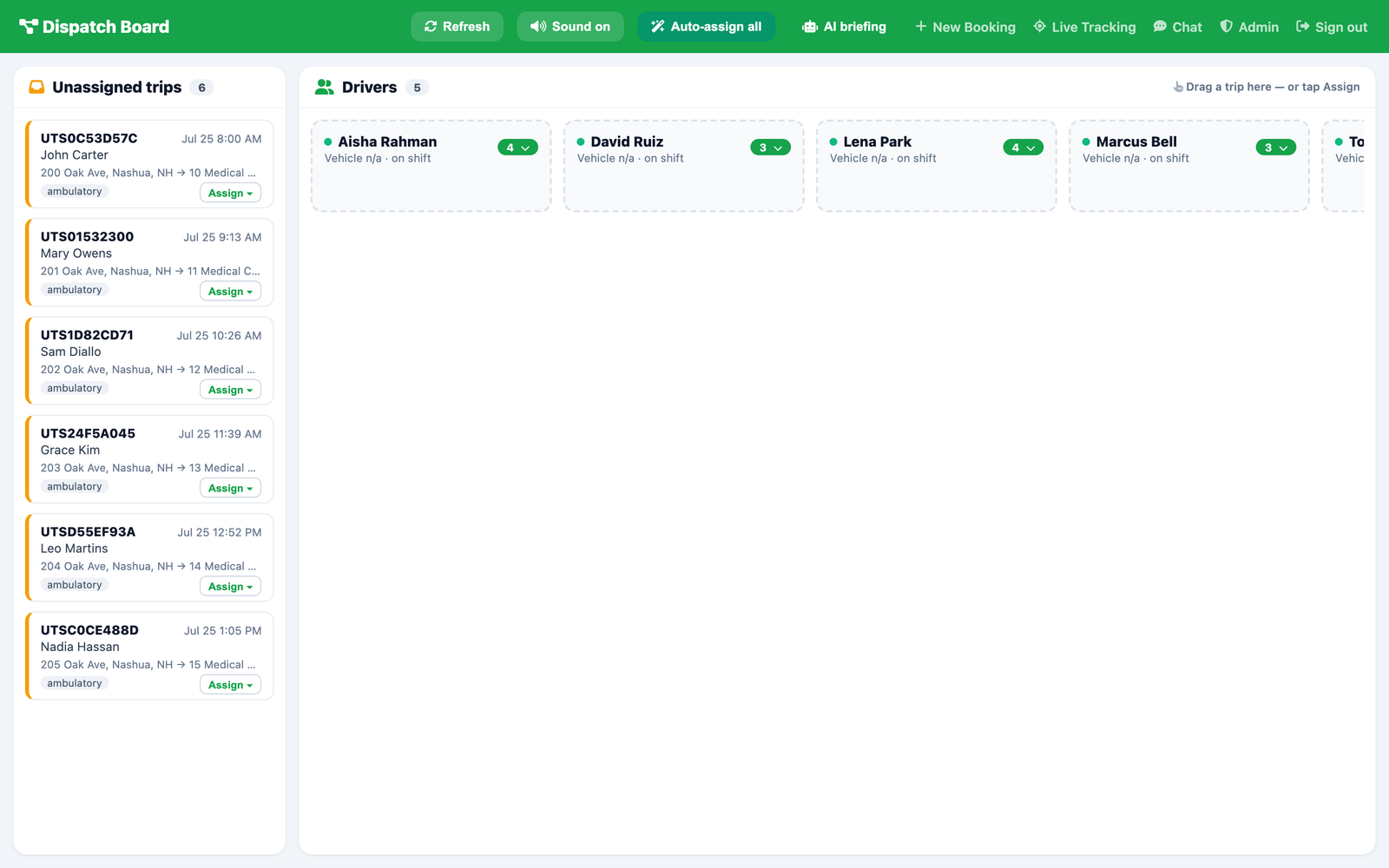 Live dispatch board with unassigned trips and drivers